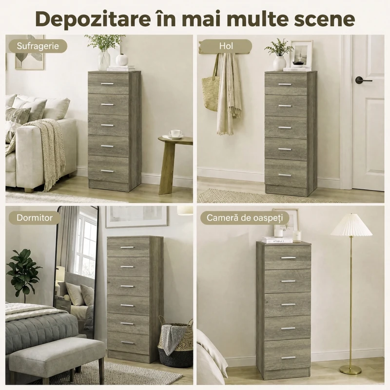 HOMCOM Comodă cu 6 Sertare, Modernă, 40x40x110 cm, Gri-Maro