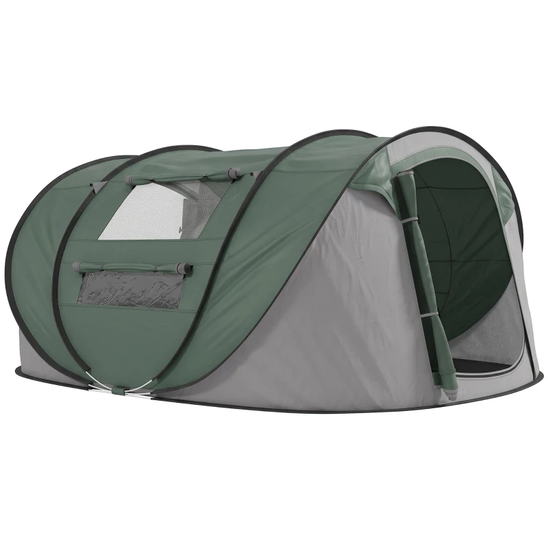 Outsunny Tente de camping 4-5 personnes montage instantanée pop-up 2 portes enroulables 4 fenêtres dim. 2,63L x 2,2l x 1,23H m fibre verre polyester PE vert gris