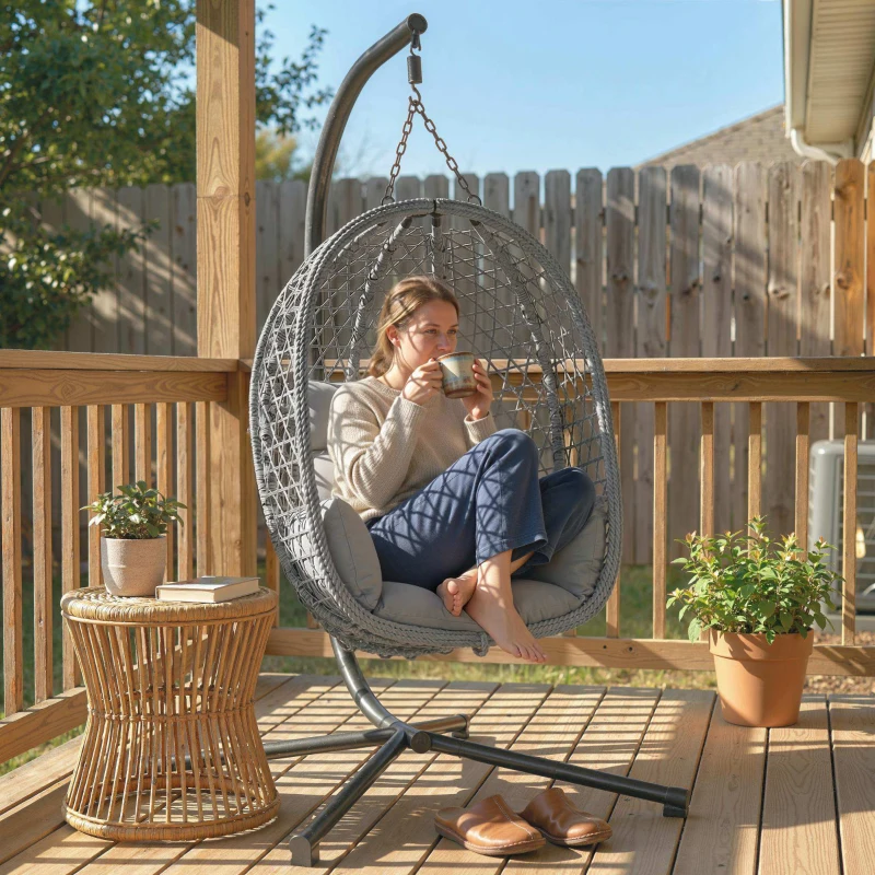 Outsunny Hanging Egg Chair, Indoor Outdoor Rattan Hammock Swing Chair with Stand, Safety Strap, Foldable Basket, Dark Grey