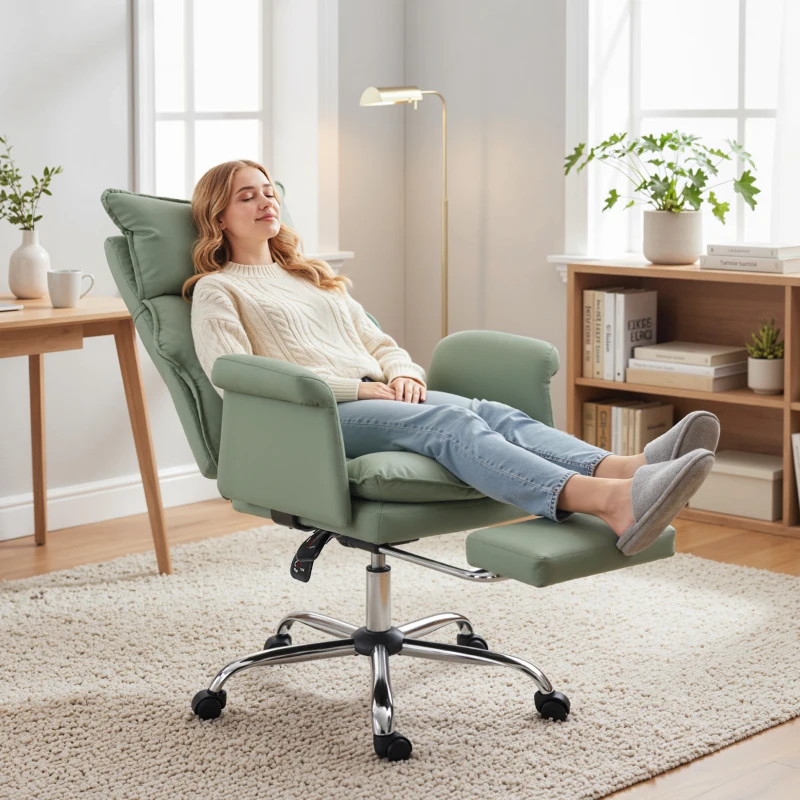 HOMCOM Silla de Escritorio con Reposapiés Respaldo Reclinable Alto Acolchado Grueso Tapizada en Cuero Sintético Ruedas Verde