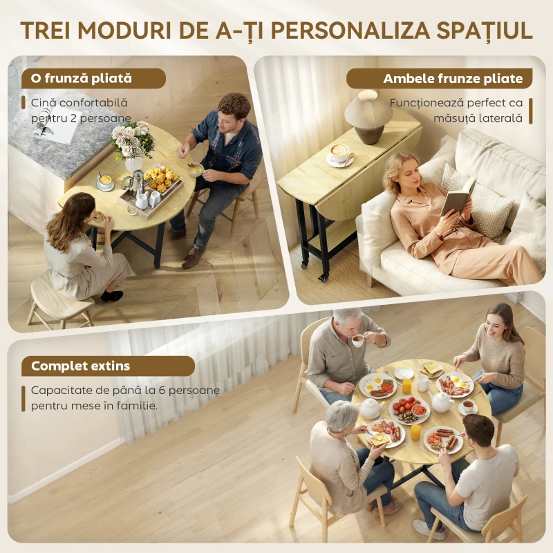 HOMCOM Masă Pliabilă pentru Dining, Masă de Bucătărie cu Roți pentru 2-4 Persoane, 100x100x75 cm, Stejar