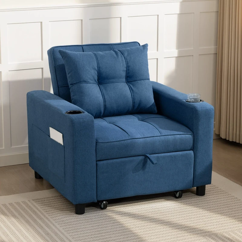HOMCOM 3-in-1 Single Sofa Bed, Convertible Sleeper Chair Bed - Dark Blue