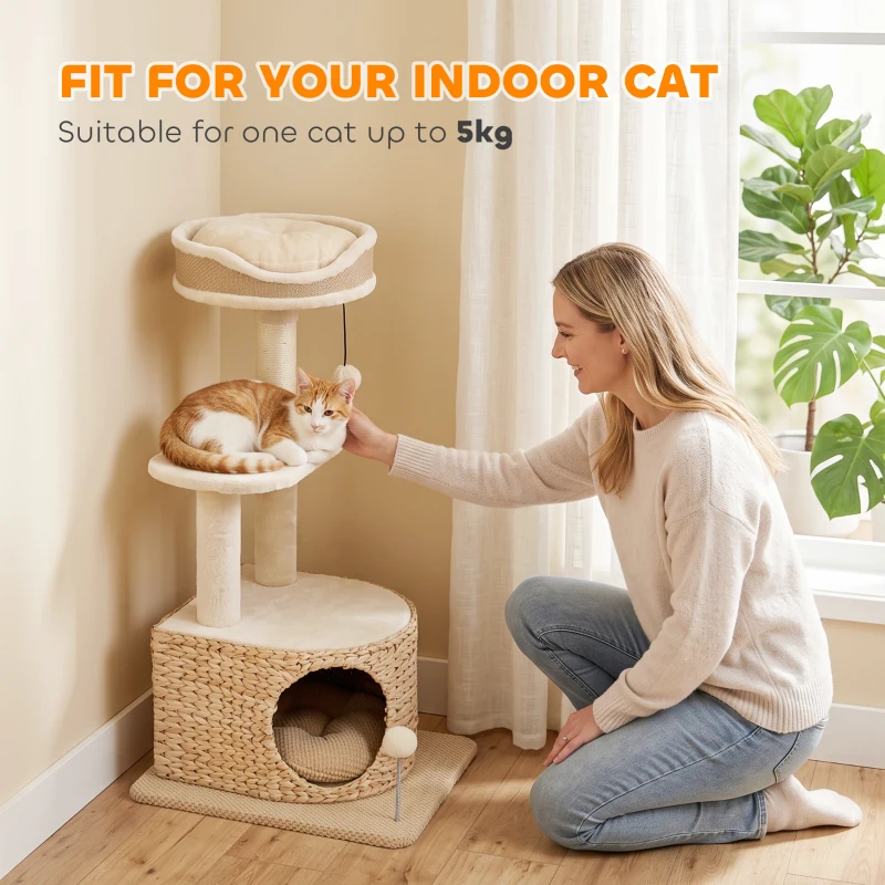 PawHut Arbre à Chat Design Moderne Style Tressé avec Griffoir 4 Niveaux Niche en Massette Perchoir en Jute 87 cm Beige