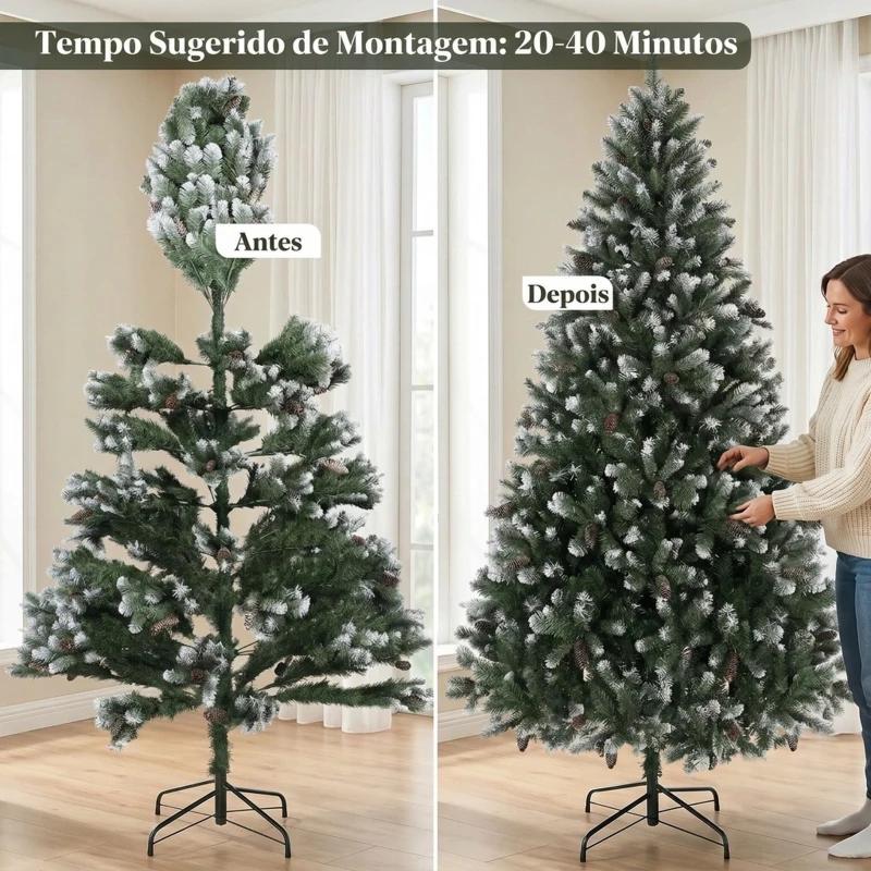 HOMCOM Árvore de Natal Artificial 210 cm com 1140 Pontas, Efeito de Neve, 75 Pinhas e Base Metálica Dobrável, Verde e Branco