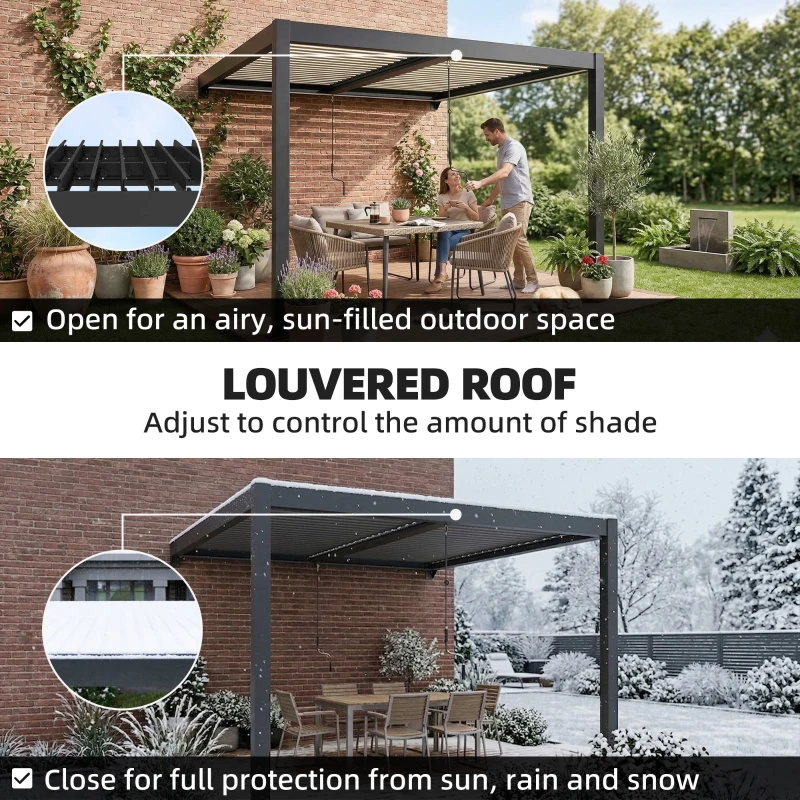 Outsunny 3 x 3 m Louvered Pergola with LED Lights, Metal Louvres, Wall Mounted Aluminium Patio Gazebo Pergola, Dark Grey