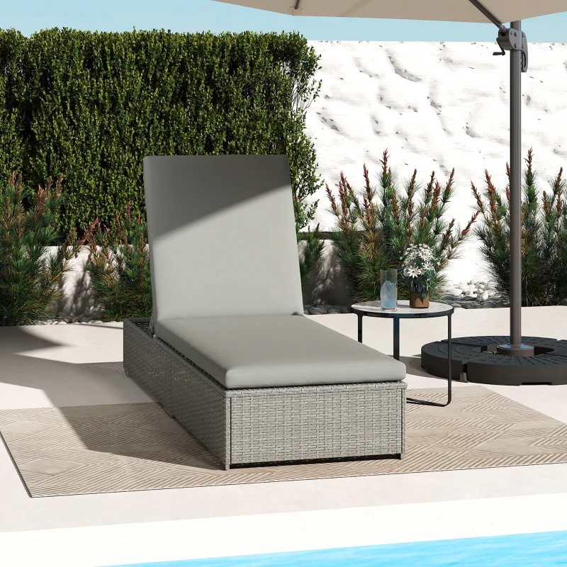 Outsunny Rattan Sun Lounger, Five-Position Reclining Garden Lounger Bed with Cushion, Light Grey