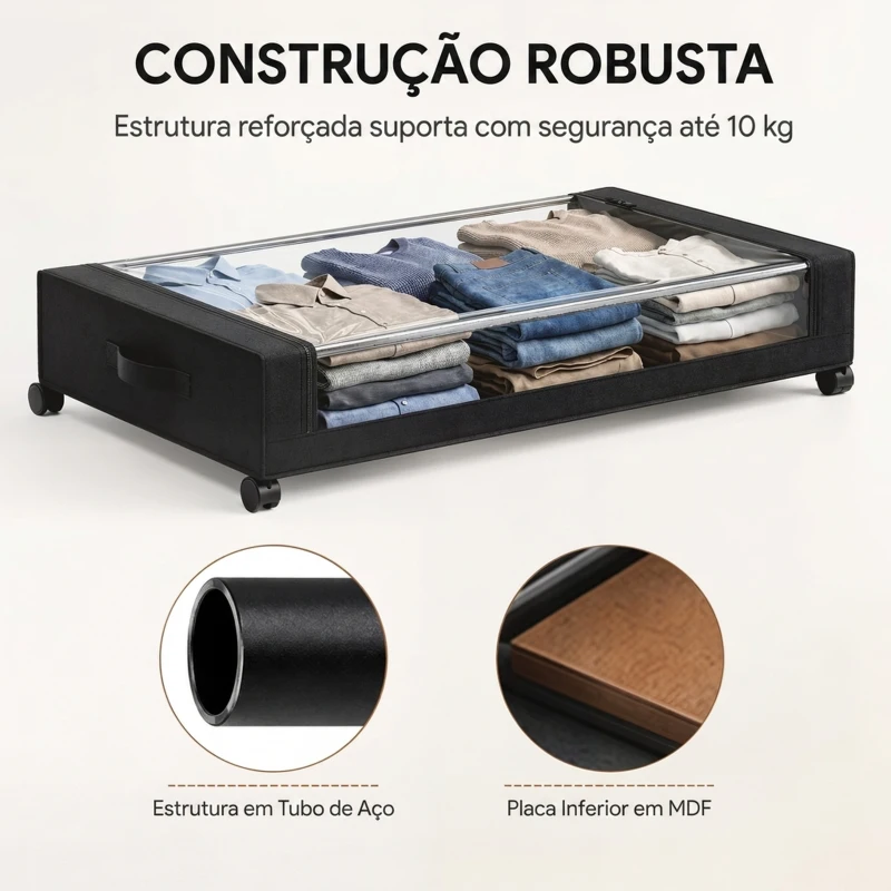 HOMCOM Conjunto de 2 Caixas de Arrumação debaixo da Cama com Rodas 40 L Organizador de Sapatos em Tecido Oxford Preto