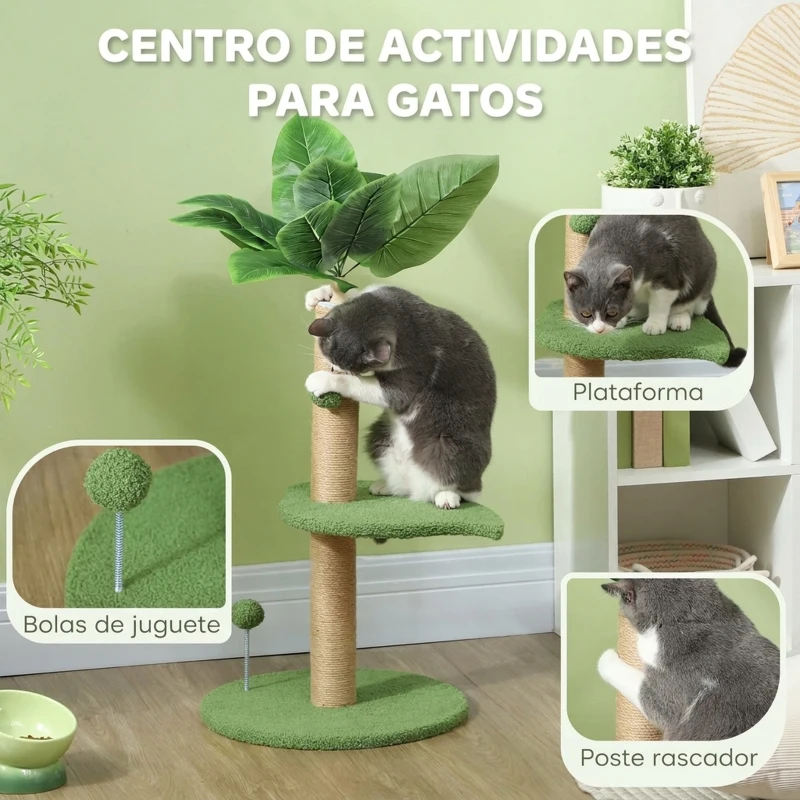 PawHut Árbol Rascador para Gatos 83 cm con Hojas Artificiales, Poste de Yute, Plataformas de Felpa, 2 Juguetes de Bolas, Verde