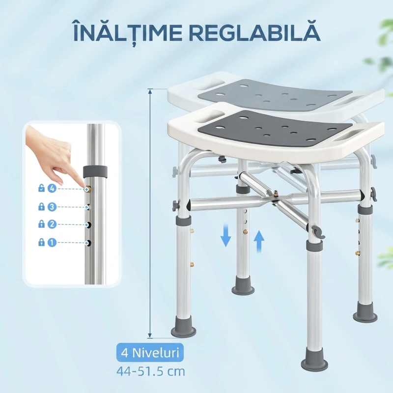 HOMCOM Taburet de duș din aluminiu, cu înălțime reglabilă și picioare antiderapante cu ventuze, gri
