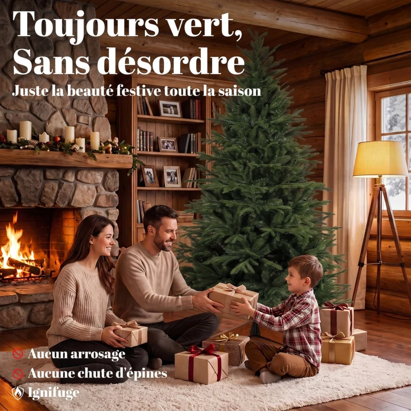 HOMCOM Sapin de Noël Artificiel 180 cm, Arbre de Noël, 2081 Branches Articulées en PE et PVC Ignifuge, Support en Bois Robuste