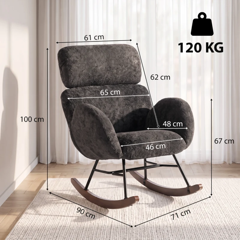 HOMCOM Silla Mecedora de Terciopelo con Reposacabezas Ajustable Acolchado Grueso Patas de Madera Reposabrazos Gris Oscuro