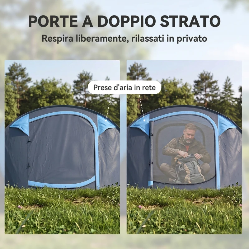 Outsunny Tenda da Campeggio Pop Up 3 Posti con 2 Porte, 4 Finestre e Telo Impermeabile, 263.5x220x123 cm, Blu