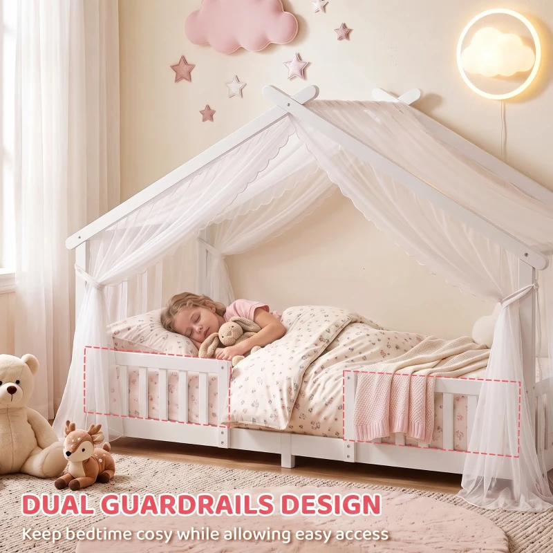 AIYAPLAY Wooden Kids House Single Bed Frame, Solid Pine Wood Toddler Bed with Dual Guardrails for Children, Boys, Girls, White
