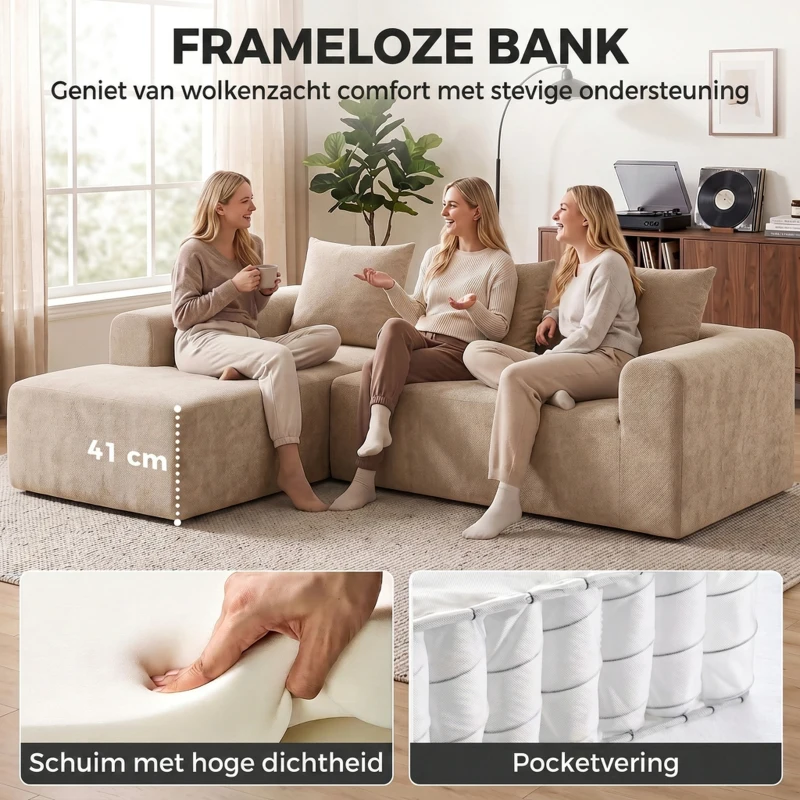 HOMCOM Hoekbank met chaiselongue, raamloos Cloud-Sofa in L-vorm van Chenille, diepe zit, pocketveren, Beige