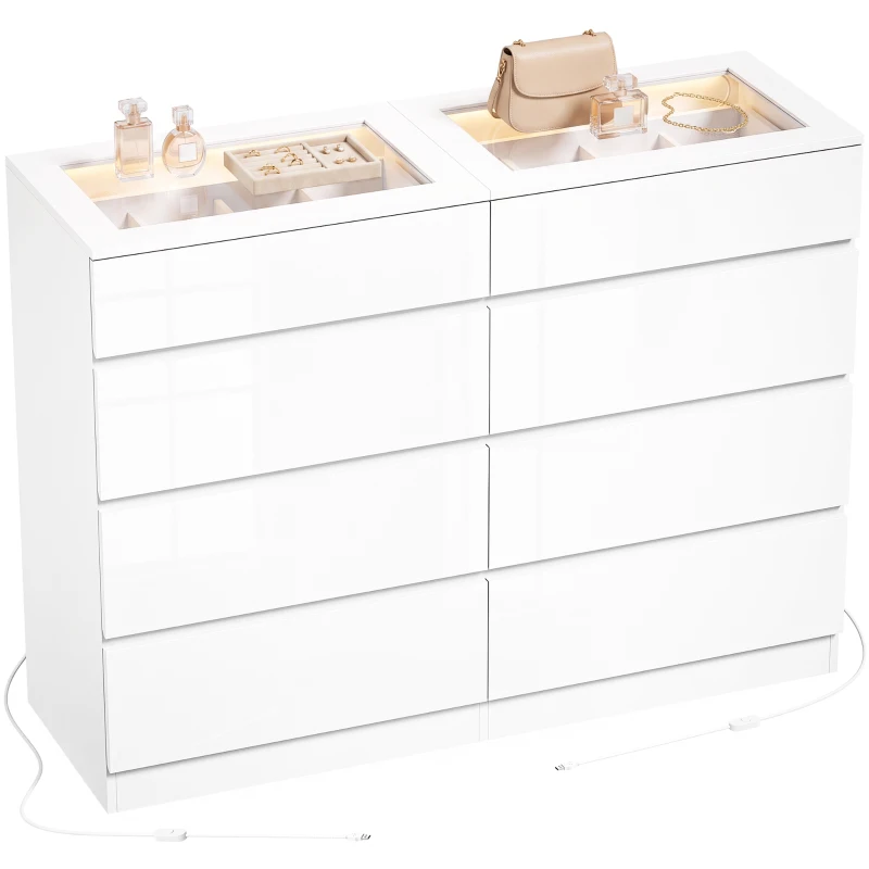 HOMCOM Comodă cu 8 Sertare cu 2 Sertare pentru Bijuterii Blat din Sticlă Securizată Lumini LED și Control Bluetooth Albă