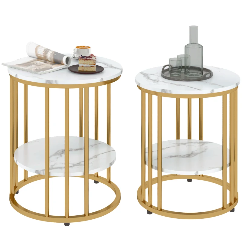 HOMCOM Set of Two Marble-Effect Coffee Tables - White/Gold-Tone