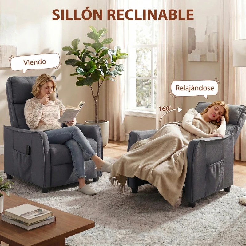 HOMCOM Sillón de Masaje Reclinable con Reposapiés 2 Zonas de Masaje Asiento de Muelles Bolsillos Tapizado en Lino Gris