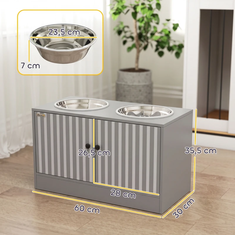 PawHut Gamelle Chien Surélevée Meuble d'Alimentation Rangement 40L 2 Bols Inox 2L 1 Gamelle Anti-Glouton 60x30x35,5cm Gris