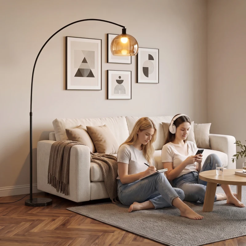HOMCOM Candeeiro de Pé em Arco para Sala com Cúpula Ajustável e Base em Mármore Preto e Cinzento Fumado