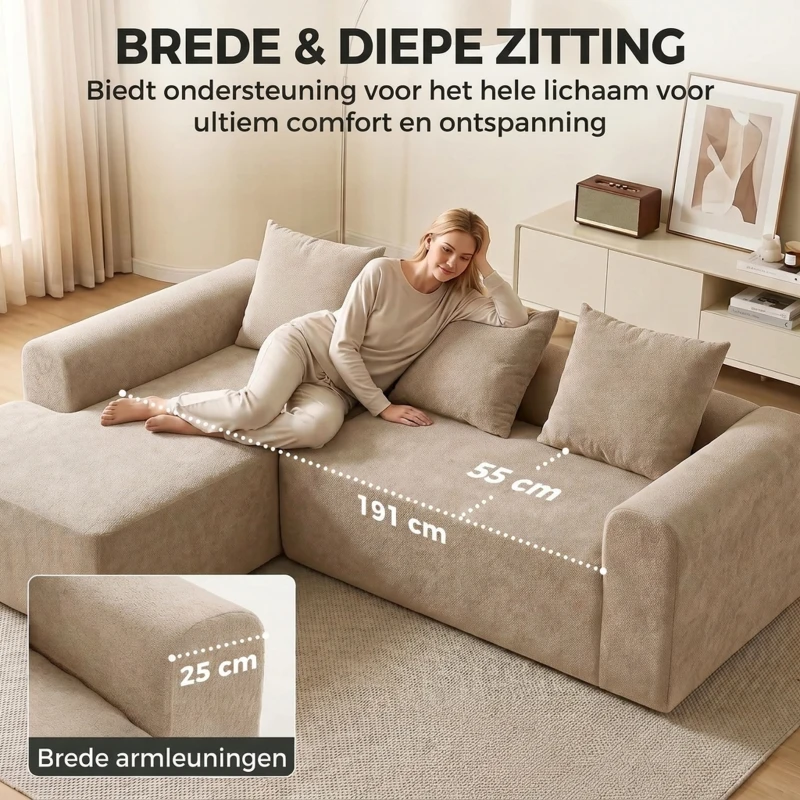 HOMCOM Hoekbank met chaiselongue, raamloos Cloud-Sofa in L-vorm van Chenille, diepe zit, pocketveren, Beige