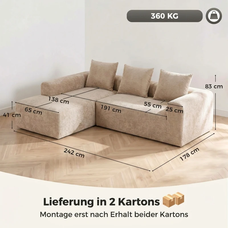 HOMCOM Ecksofa mit Chaiselongue, rahmenloses Cloud-Sofa in L-Form aus Chenille, tiefer Sitz, Taschenfedern, Beige