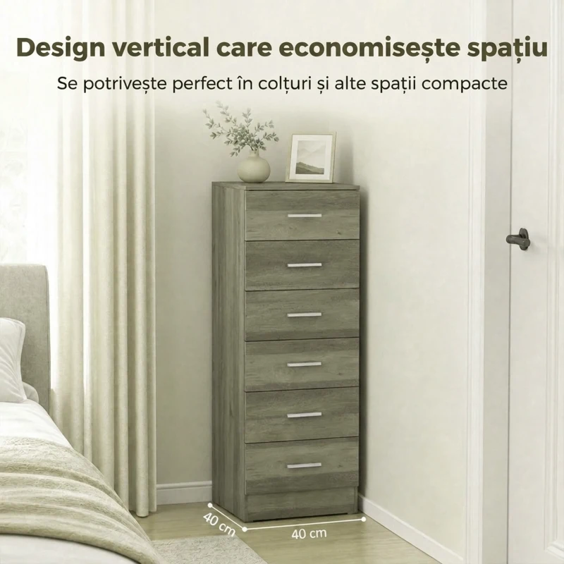 HOMCOM Comodă cu 6 Sertare, Modernă, 40x40x110 cm, Gri-Maro