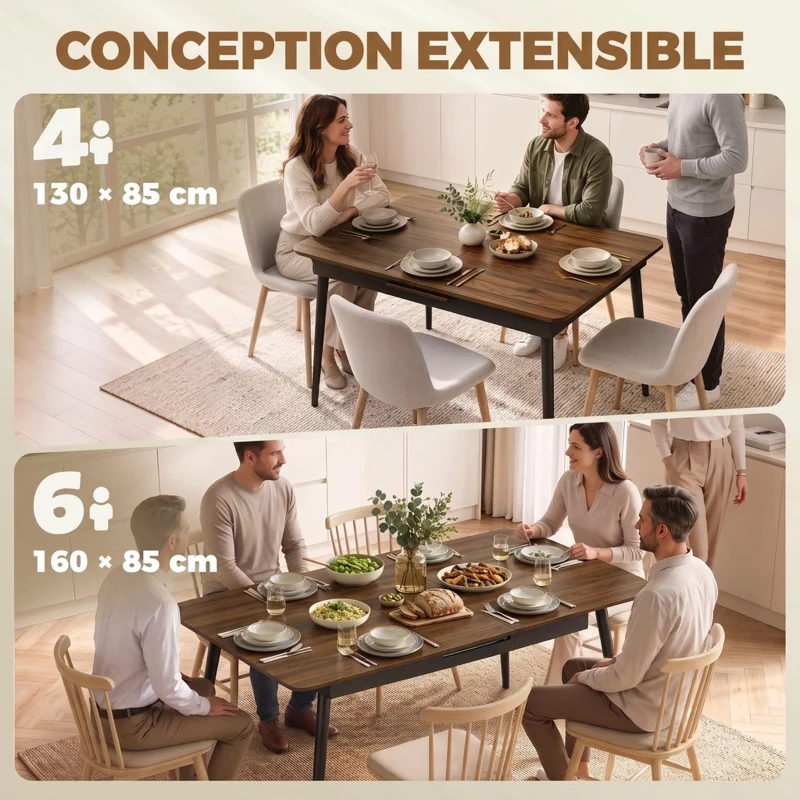 HOMCOM Table à Manger Extensible Rectangle pour 4 à 6 Personnes, Table de Cuisine 130-160 cm avec Coins Arrondis, Noyer Clair