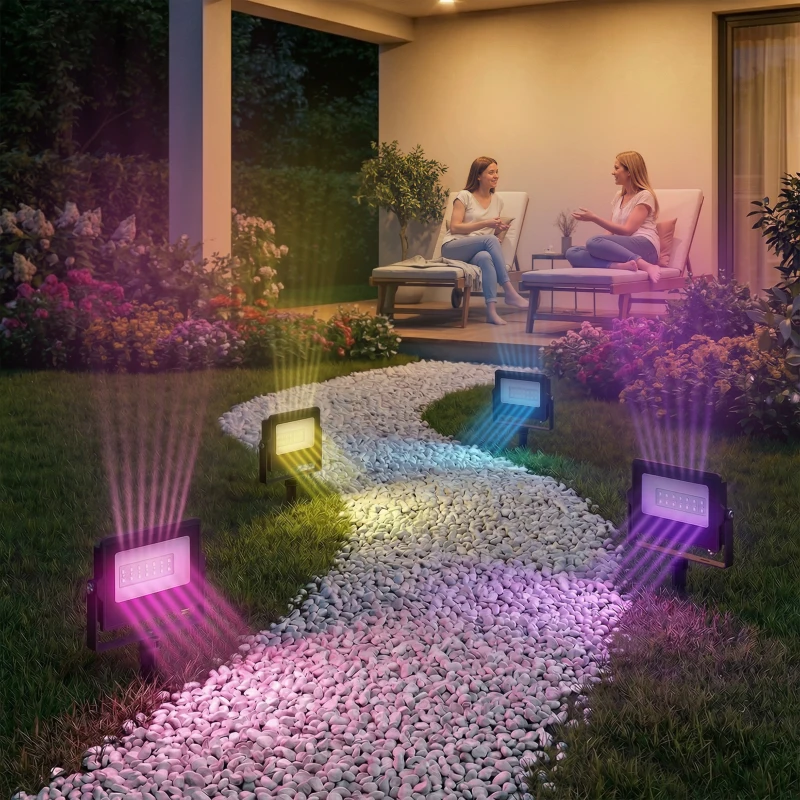 Outsunny 32W LED Floodlights, Linkable 4-Pack Landscape Lighting with Remote Control, RGB Colour Changing, UK Plug, Black