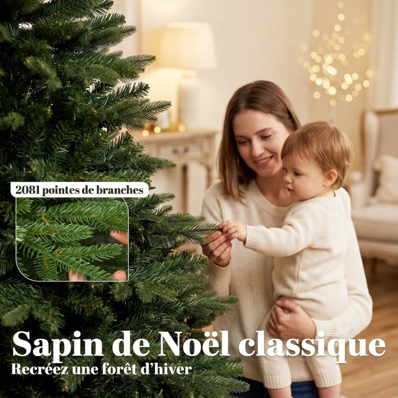 HOMCOM Sapin de Noël Artificiel 180 cm, Arbre de Noël, 2081 Branches Articulées en PE et PVC Ignifuge, Support en Bois Robuste