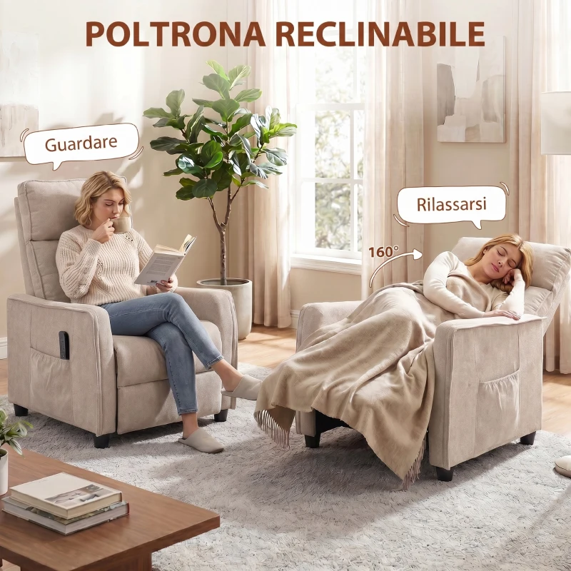 HOMCOM Poltrona Massaggiante e Reclinabile a 160° con Poggiapiedi e Telecomando, 69x93x104 cm, Effetto Lino Bianco Crema