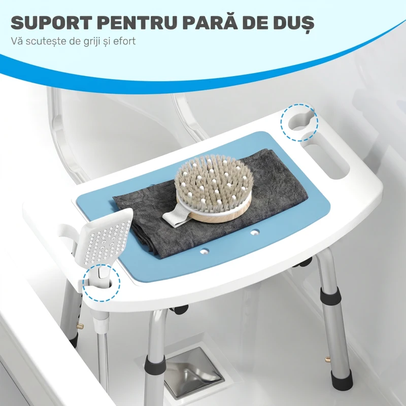HOMCOM Scaun de Duș din Aluminiu și EVA, Reglabil pe 6 Niveluri, cu Spătar Curbat, 51,5x49,5x68,5-81 cm, Albastru Deschis și Alb