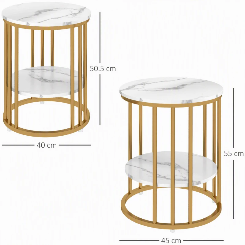 HOMCOM Set of Two Marble-Effect Coffee Tables - White/Gold-Tone