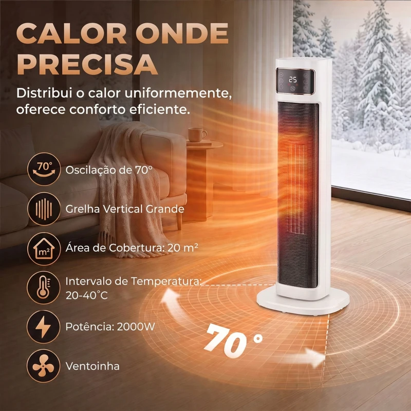 HOMCOM Aquecedor Elétrico Cerâmico PTC 2000 W com 4 Modos, Comando à Distância e Proteção contra Sobreaquecimento e Queda