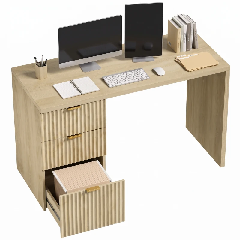 HOMCOM Bureau d'Ordinateur, Rangement Réversible, 3 Tiroirs Façades Ondulées, Plateau Épais et Spacieux, 120x50x76cm, Chêne