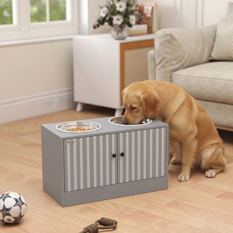 PawHut Gamelle Chien Surélevée Meuble d'Alimentation Rangement 40L 2 Bols Inox 2L 1 Gamelle Anti-Glouton 60x30x35,5cm Gris
