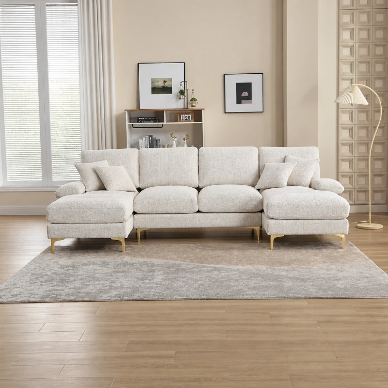 Modernes großes U-förmiges Chenille-Ecksofa mit Doppel-Liegesitzen für Wohnzimmer Beige