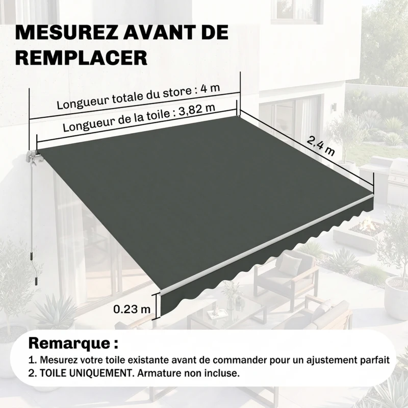 Outsunny Toile de Rechange Store banne - Lambrequin Vagues Douces - Polyester Haute densité 280 g/m² Anti-UV gris