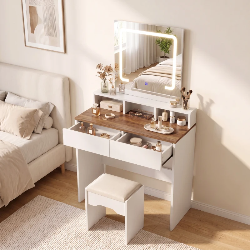 HOMCOM Vanity Table, Dressing Table with Mirror, LED Lights, 2 Drawers, 3 Compartments, 3 Colour Lighting, Walnut