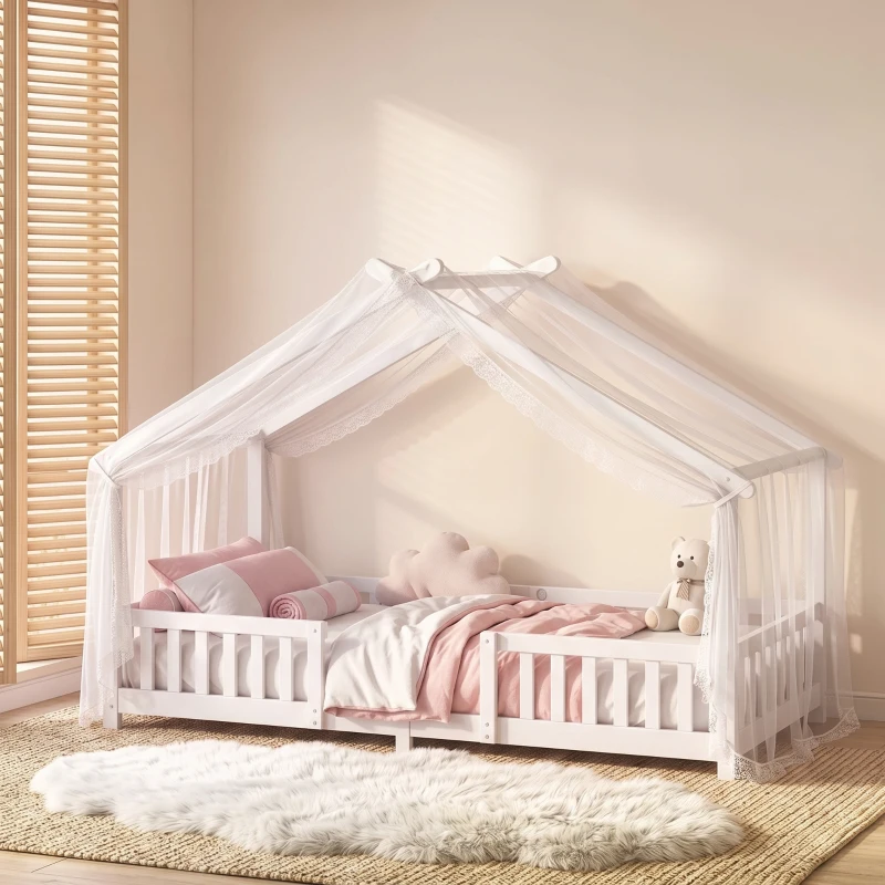 AIYAPLAY Wooden Kids House Single Bed Frame, Solid Pine Wood Toddler Bed with Dual Guardrails for Children, Boys, Girls, White