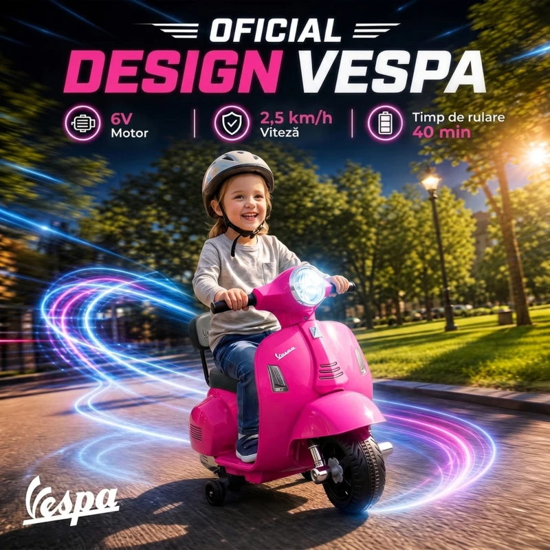 AIYAPLAY Motocicletă Electrică pentru Copii 1,5-3 Ani Mini Vespa Gts 7,2V, Roz