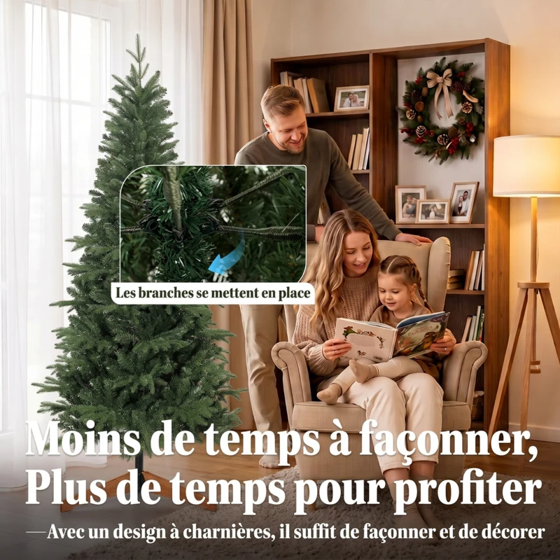 HOMCOM Sapin de Noël Artificiel 180 cm, Arbre de Noël, 1162 Branches Articulées en PE et PVC Ignifuge, Support en Bois Pliable
