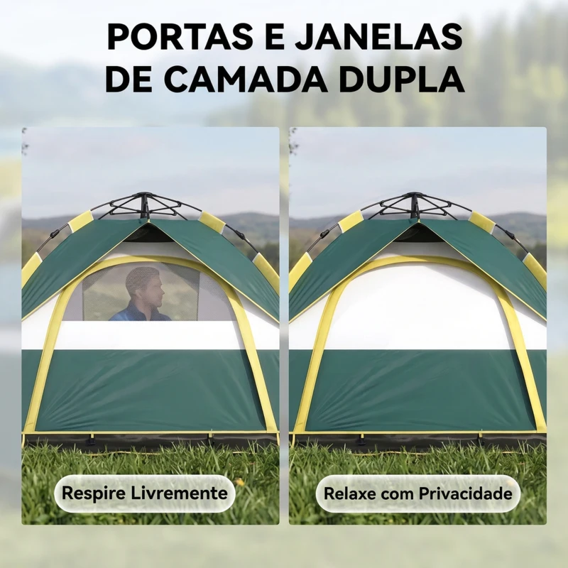 Outsunny Tenda de Campismo para 2-3 Pessoas Dobrável com 3 Janelas Bolsa de Transporte e Abertura Automática 205x195x135 cm Verde
