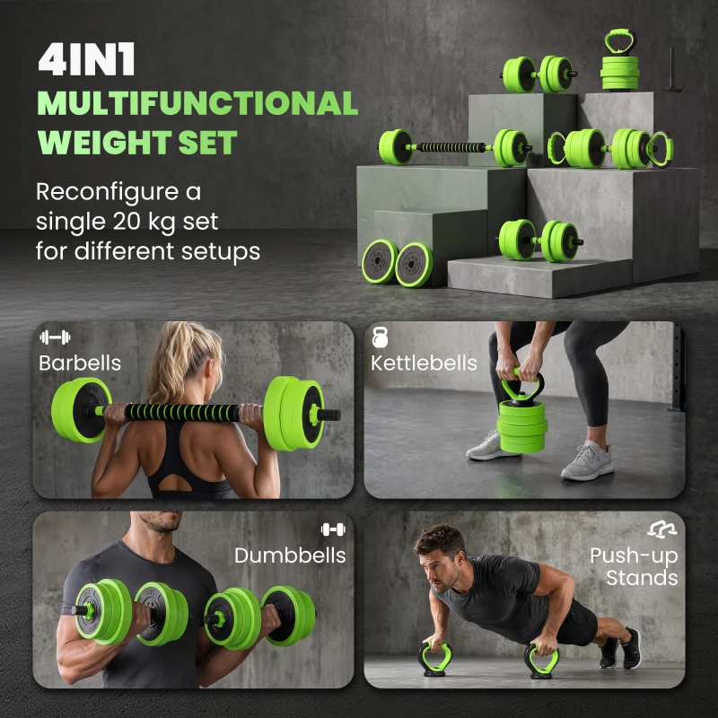 SPORTNOW 20kg Four-In-One Adjustable Weight Dumbbells Set, Barbell, Kettlebell, Push Up Stand - Green