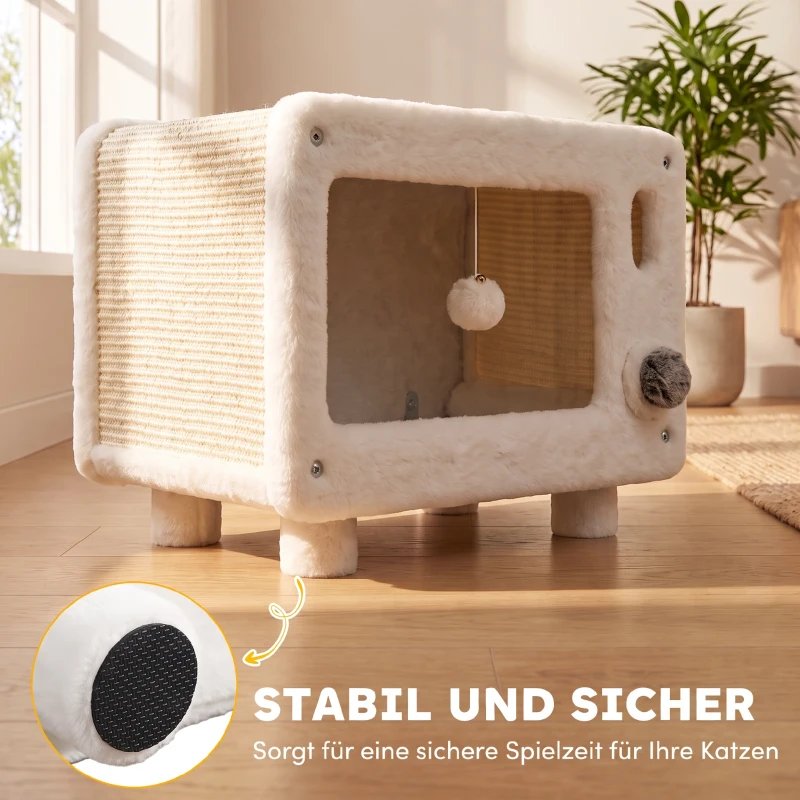 PawHut Kattenhuis in tv-design met hangmat en speelbal, sisal krabmat, voor katten tot 7 kg, 50 x 33 x 42 cm
