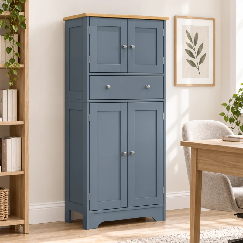 HOMCOM Kitchen Cupboard, Modern Freestanding Kitchen Storage Cabinet with Doors and Shelves, Grey Blue