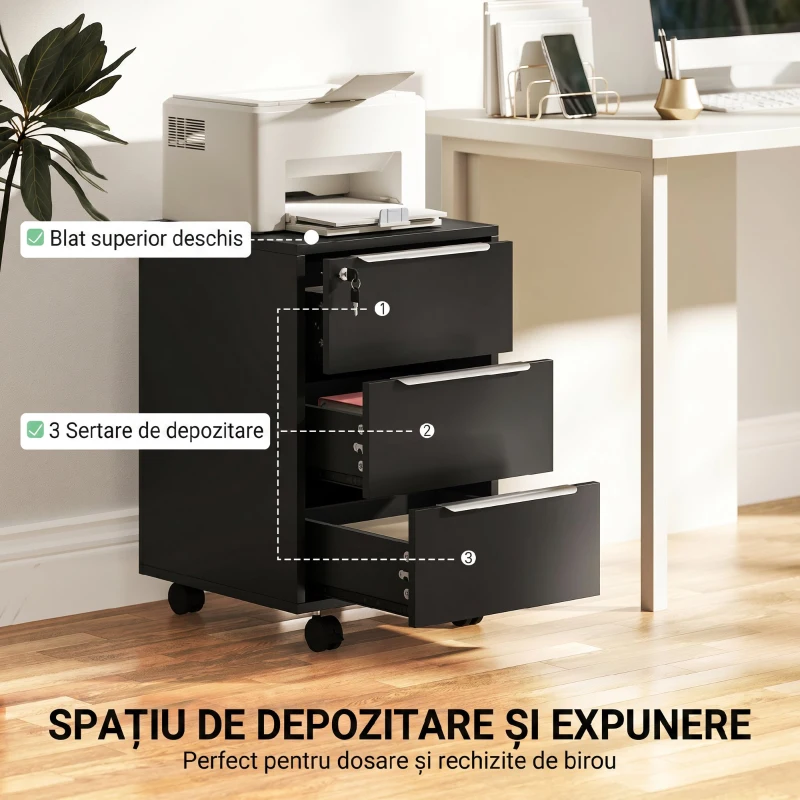 HOMCOM Fișet de Birou cu 3 Sertare, 4 Roți, Casetieră cu Încuietoare și 2 Chei, Negru