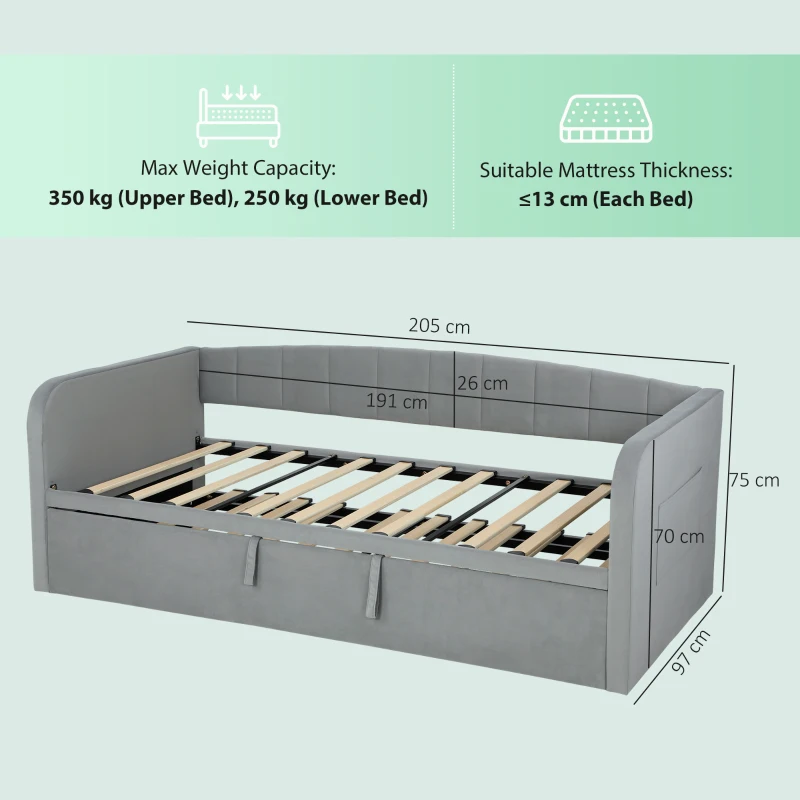 HOMCOM Letto Divano 3 Posti con Lettino Estraibile Convertibile in Letto Matrimoniale,205x186x75 cm, Grigio Chiaro