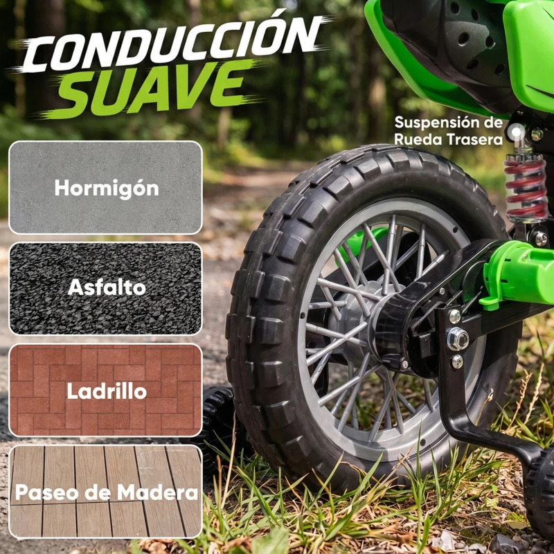 AIYAPLAY Moto Eléctrica Niños 12V con 2 Ruedas Auxiliares Desmontables 2 Motores Suspensión Trasera 3 km/h 3-6 Años Verde