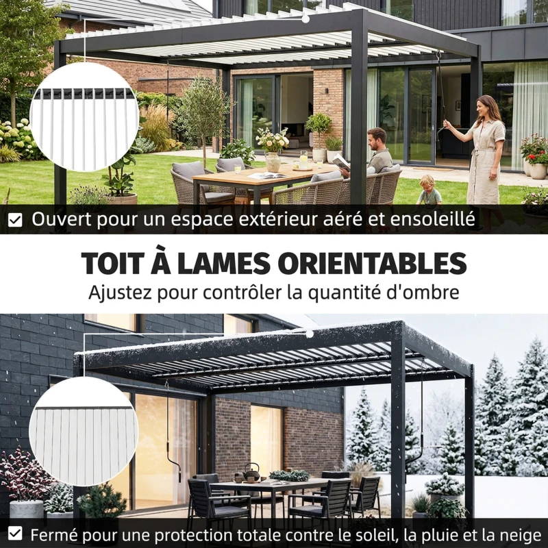 Outsunny Pergola Bioclimatique 4x3m en Aluminium à Toit Louvred Ajustable, Protection Soleil, pour Jardin Extérieur, Blanc