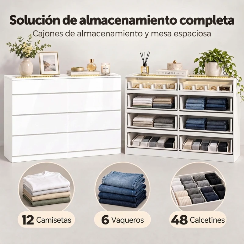 HOMCOM Cómoda de 8 Cajones con 2 Joyeros Encimera de Vidrio Templado Luces LED y Control Bluetooth Blanca